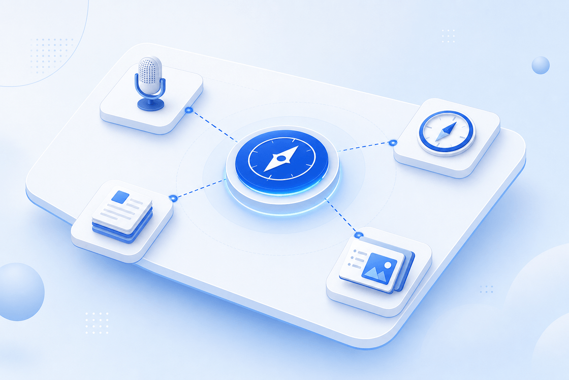 Authority Operating System hub — voice, coach, library, and carousel connected to a central authority engine